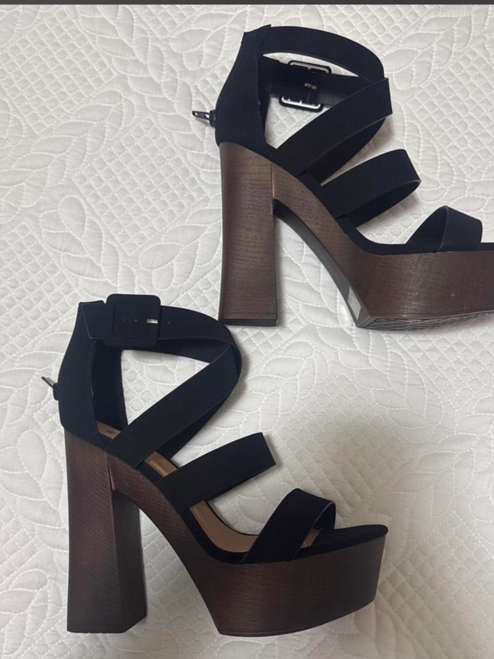 NWT! Black Platform Block Heel Sandals with Buckle Ankle Strap